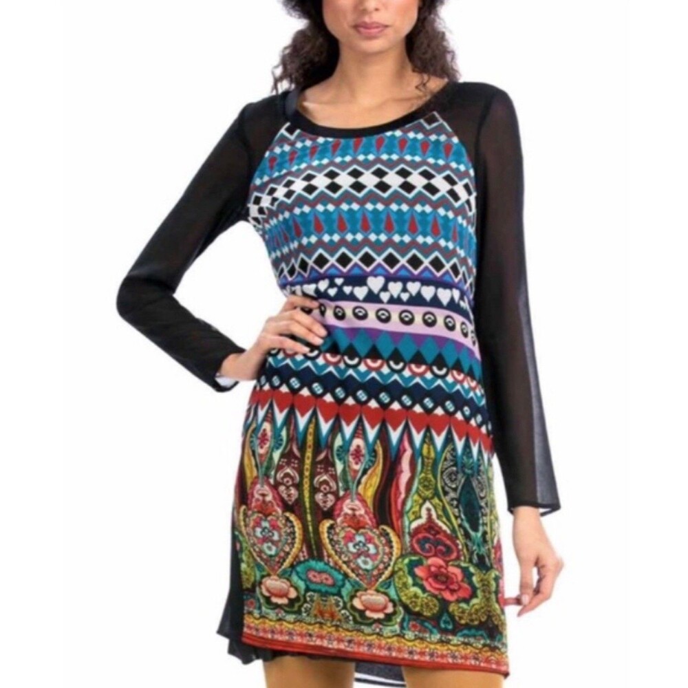 Desigual Womens Multicolor Abstract Long Sleeve Round Neck Shift Dress Size 40